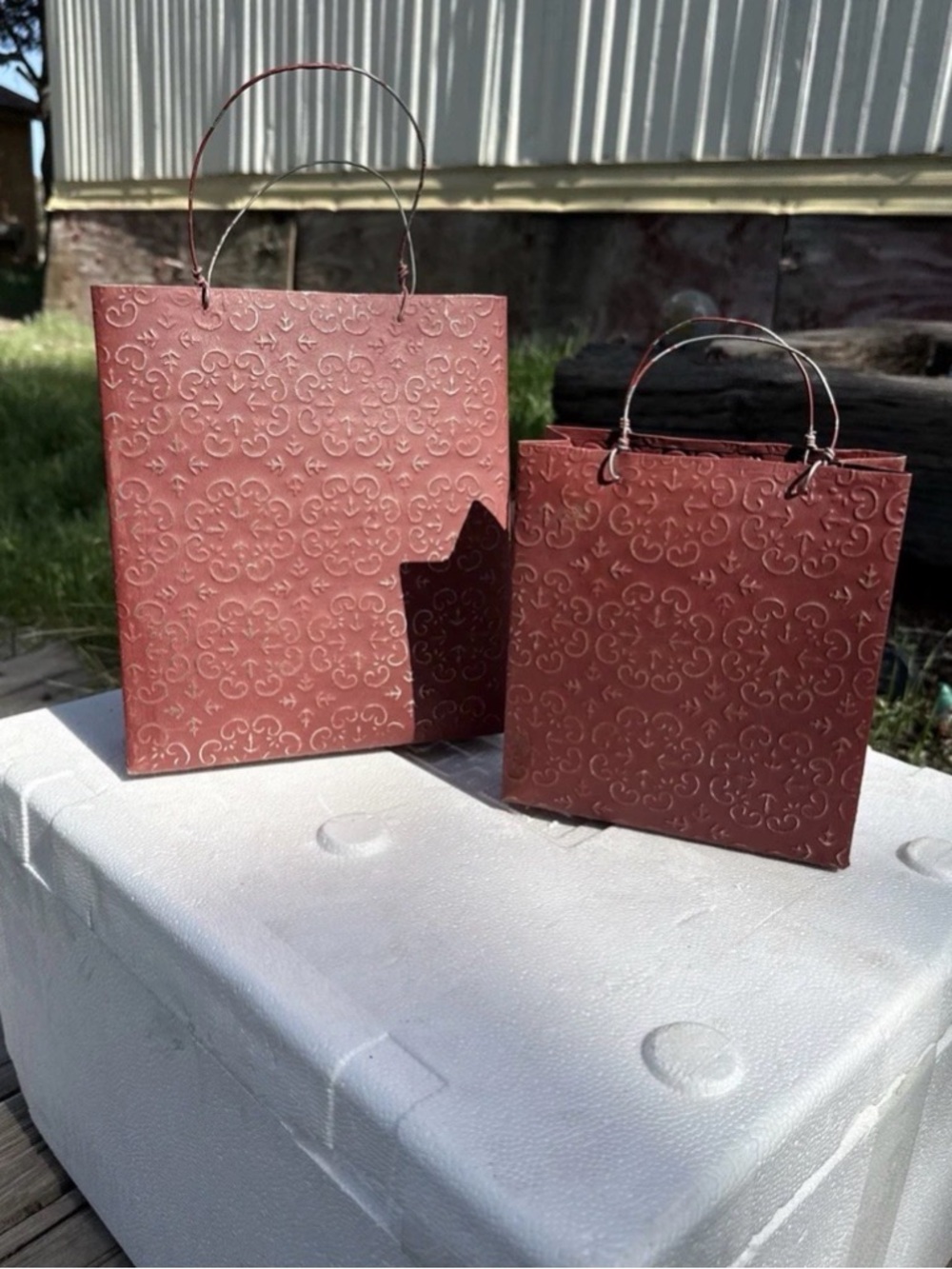 Embossed Burgundy Vintage Metal Tote Bag with Top Handles